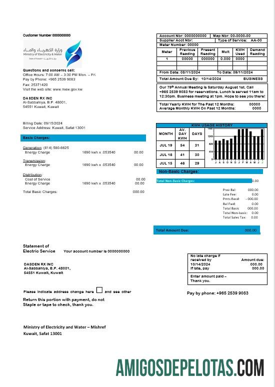 Dapat Diedit Kuwait Ministry of Listrik and Air bisnis Tagihan Tagihan templat in Word and PDF format