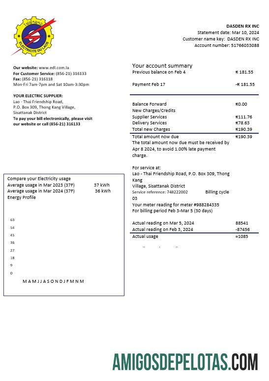 Dapat Diedit Laos Electricite du Laos Listrik bisnis Tagihan Tagihan templat in Word and PDF format
