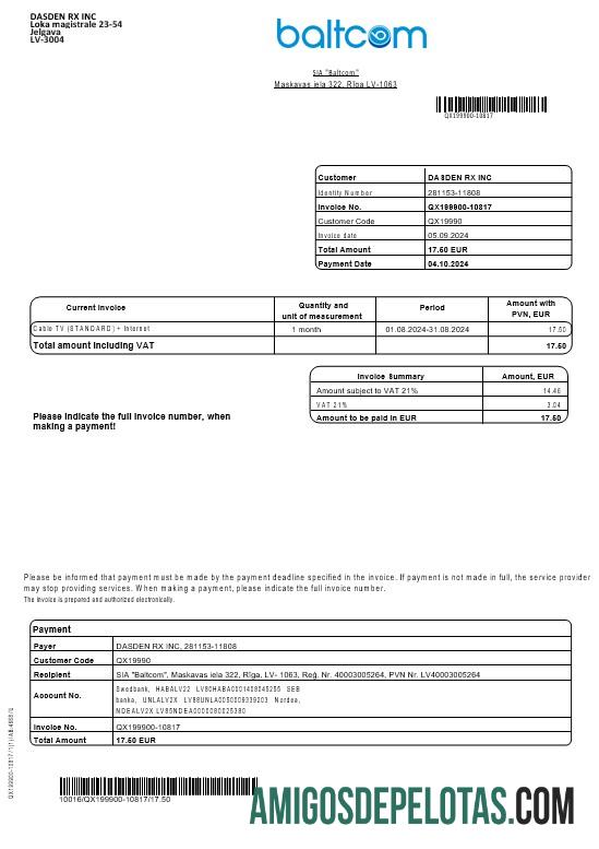 Profesional Latvia Baltcom telecommunications bisnis Tagihan Tagihan templat in Word and PDF format (English versi)