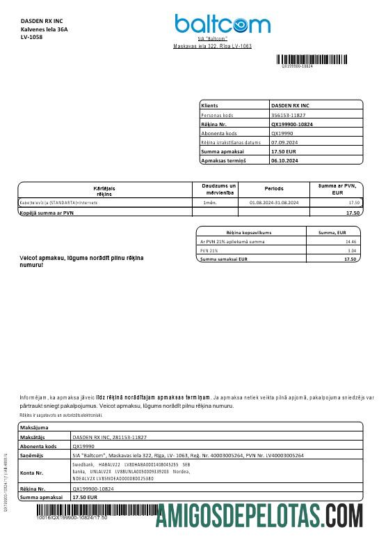 Realistis Latvia Baltcom telecommunications bisnis Tagihan Tagihan templat in Word and PDF format (Latvian versi)