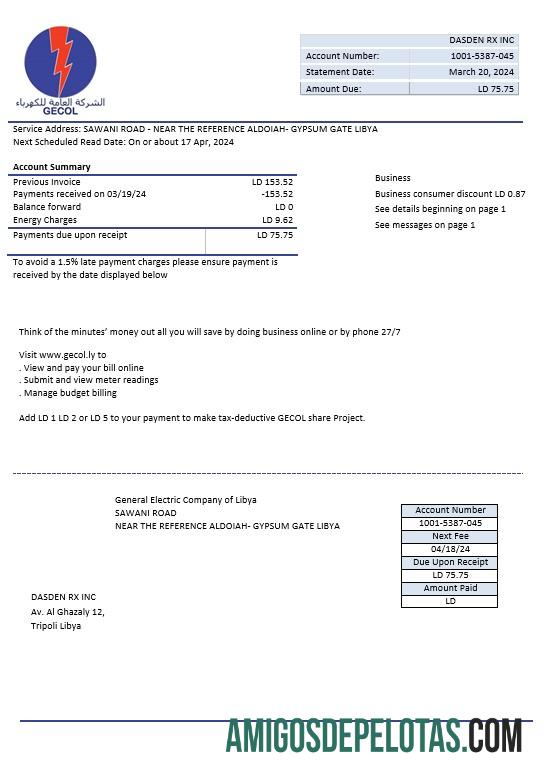 Dapat Diedit Libya General Electric Perusahaan Listrik bisnis Tagihan Tagihan templat in Word and PDF format