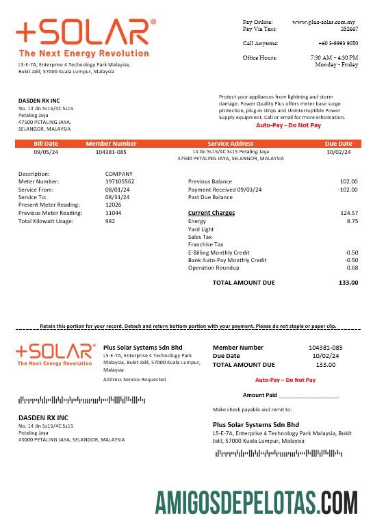 Berkualitas Malaysia Plus Solar Systems Sdn Bhd bisnis Tagihan Tagihan templat in Word and PDF format