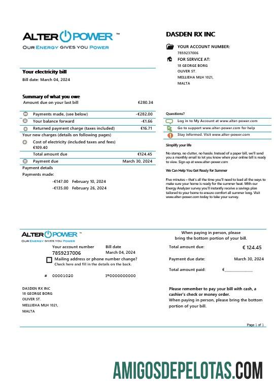 Berkualitas Malta AlterPower Malta proof of address bisnis Tagihan Tagihan templat in Word and PDF format