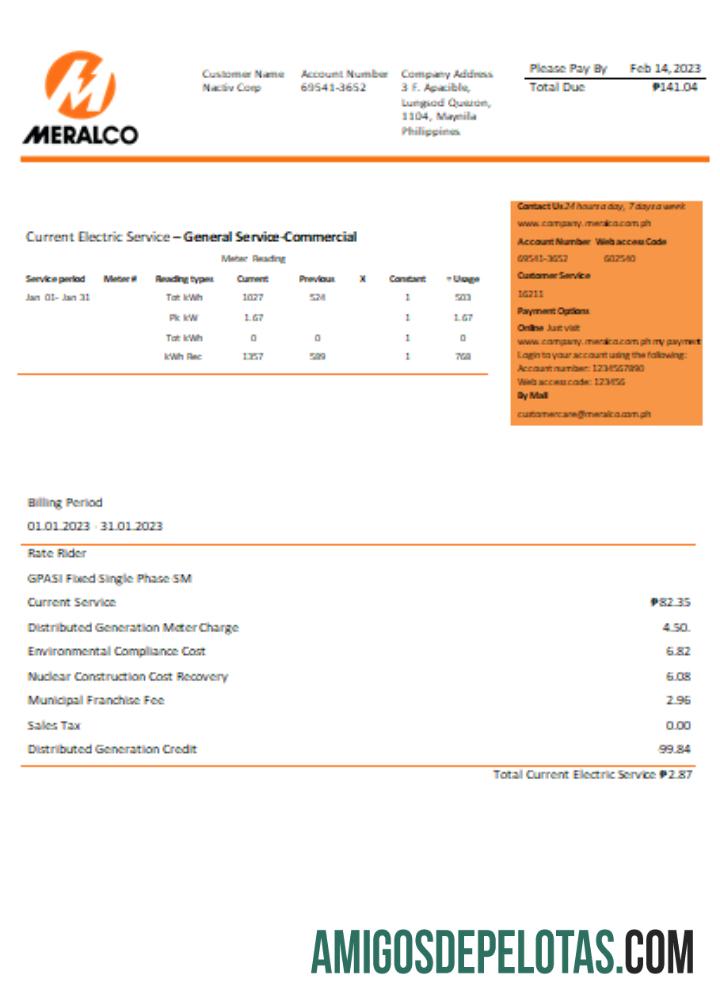 Manila Electric Perusahaan (Meralco) Listrik Tagihan bisnis Tagihan SCR sampel