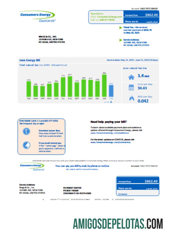 Dapat Diedit Michigan Consumers Energy bisnis Tagihan Tagihan, Word and PDF templat SCR