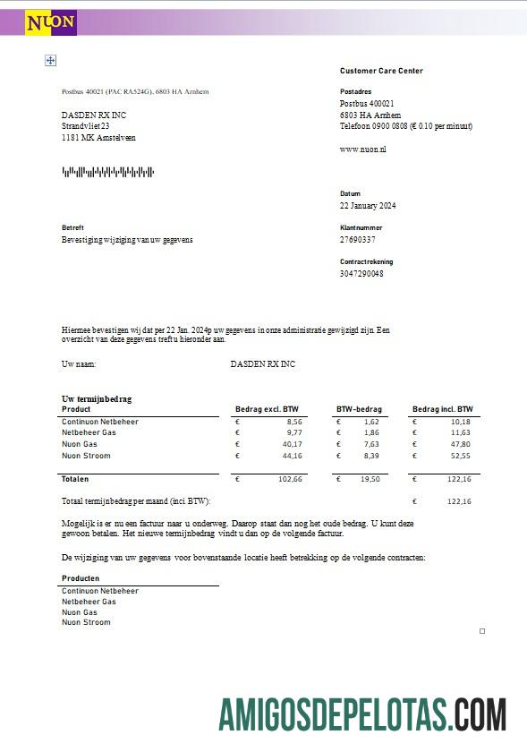 Berkualitas Belanda NUON Gas bisnis Tagihan Tagihan templat in Word and PDF format in Dutch language
