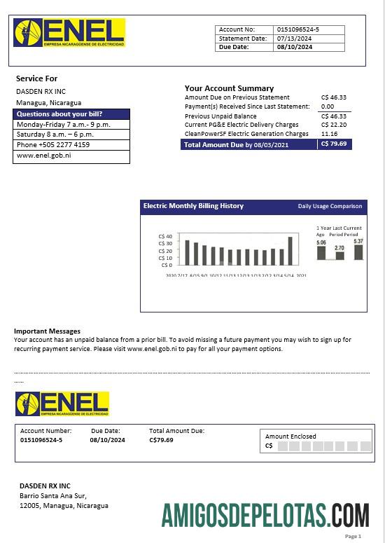 Berkualitas Nikaragua Nicaraguan Listrik Perusahaan ENEL Listrik bisnis Tagihan Tagihan templat in Word and PDF format