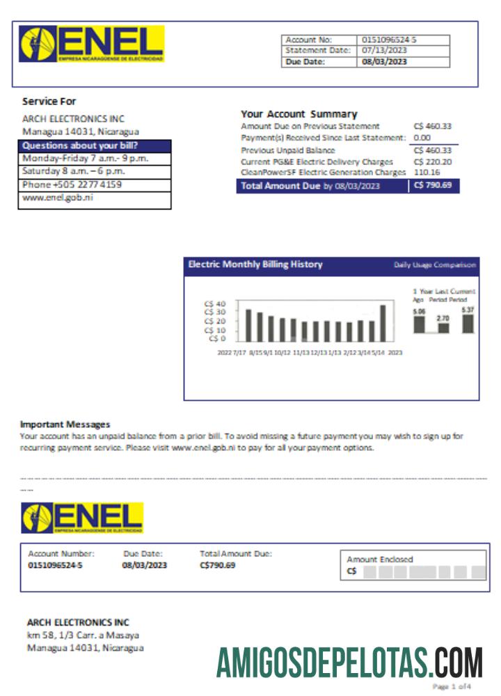 Nicaraguan Listrik Perusahaan (ENEL) Listrik Tagihan bisnis Tagihan, SCR makering