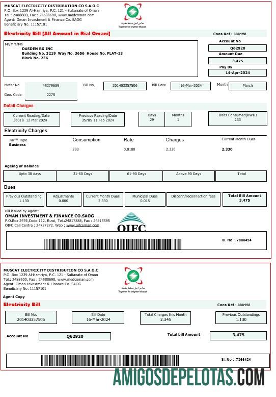 Berkualitas Oman MUSCAT Listrik bisnis Tagihan Tagihan Word and PDF templat
