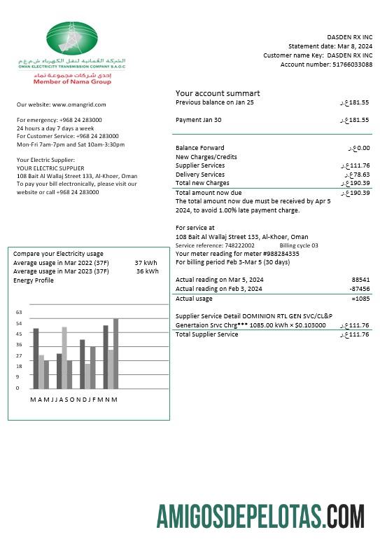 Profesional Oman Listrik Transmission Perusahaan Listrik bisnis Tagihan Tagihan templat in Word and PDF format