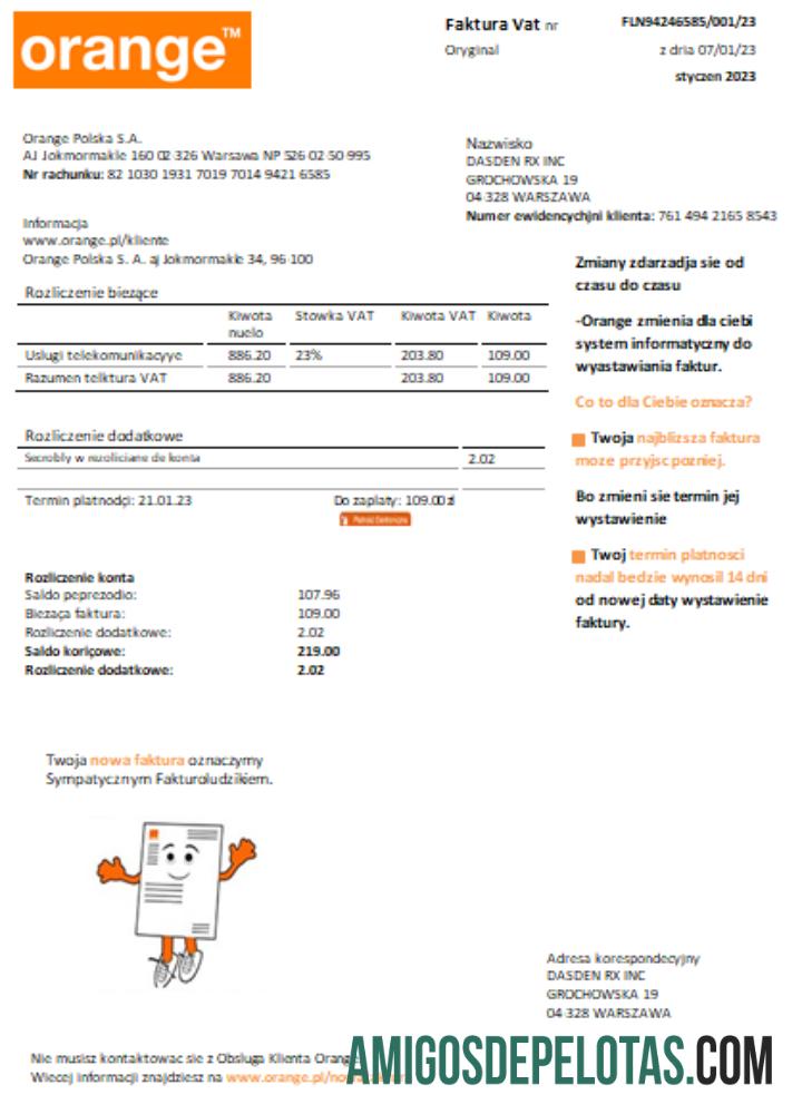 Orange Polandia Tagihan bisnis Tagihan SCR sampel