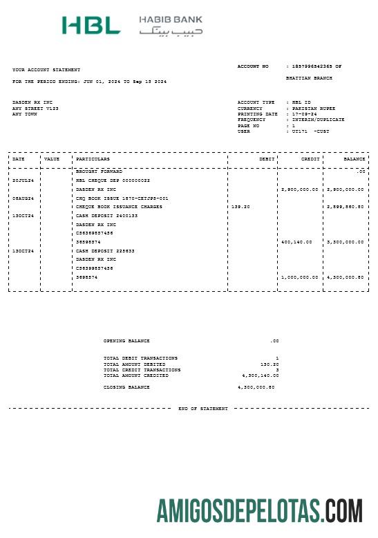 Realistis Pakistan HBL bisnis Tagihan Tagihan Word and PDF templat
