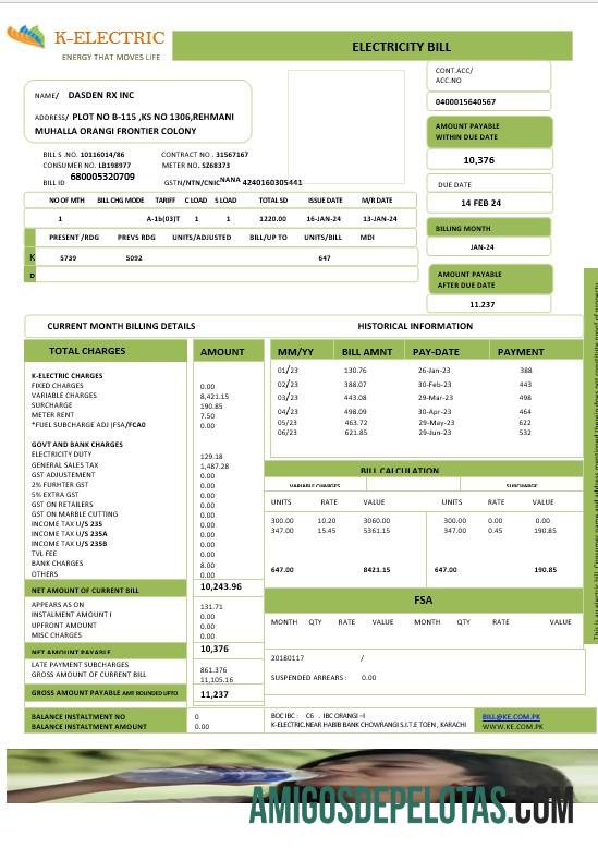 Realistis Pakistan K ELECTRIC LIMITED bisnis Tagihan Tagihan Word and PDF templat