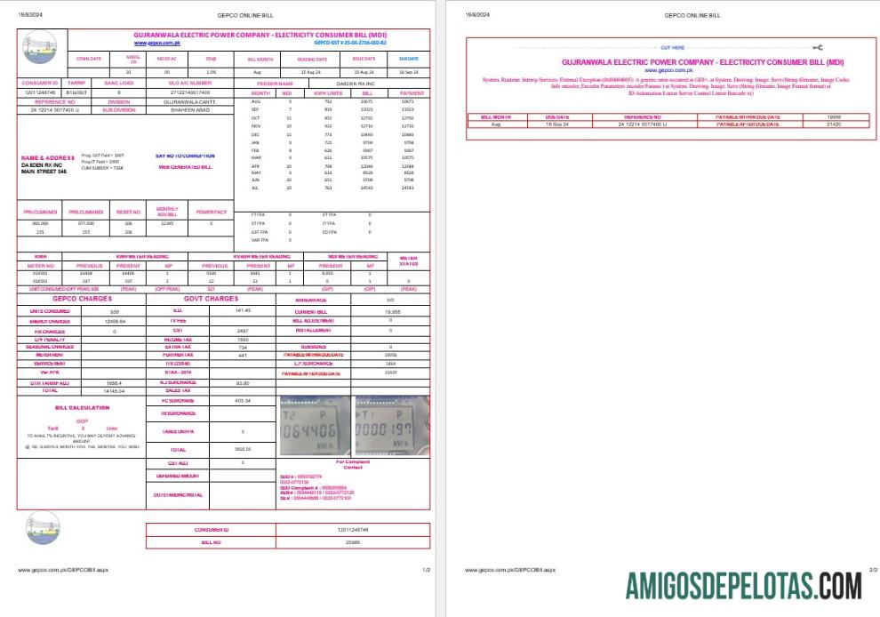 Pakistan Gujanwala electric power Perusahaan Listrik bisnis Tagihan Tagihan Word and PDF format, 2 pages templat