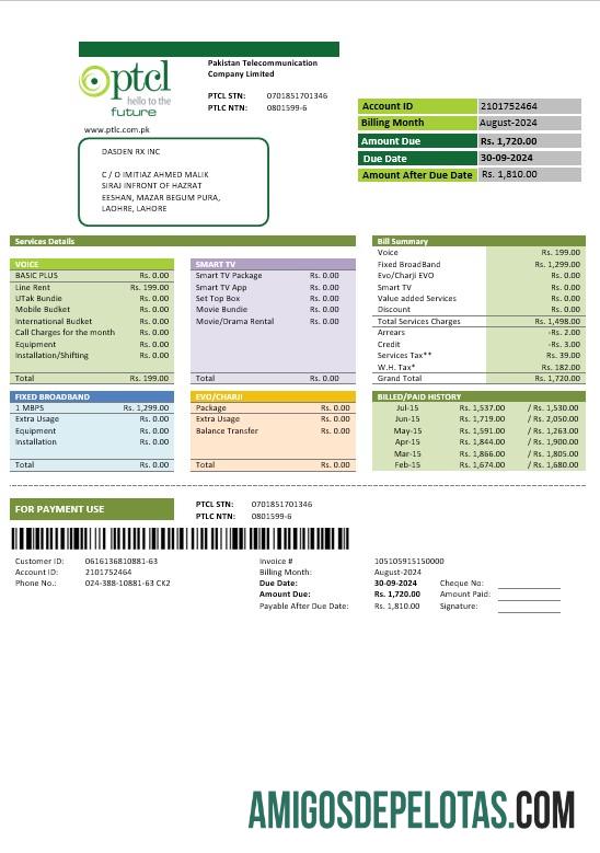 Dapat Diedit Pakistan PTCL bisnis Tagihan Tagihan templat in Word and PDF format