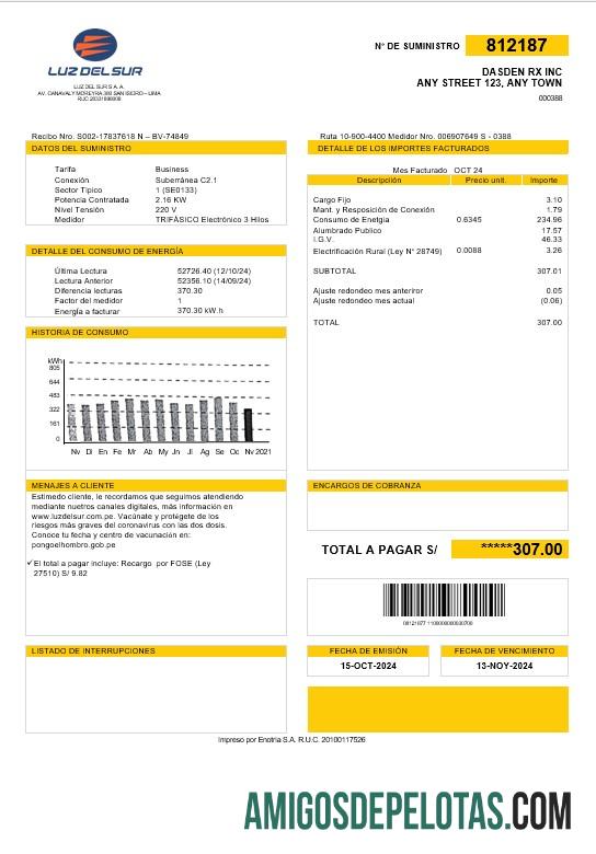 Berkualitas Peru Luz de Sur bisnis Tagihan Tagihan templat in Word and PDF format, fully Dapat Diedit