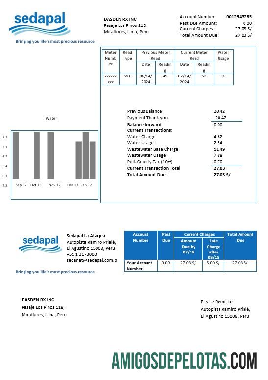Premium Peru Sedapal La Atarjea Air bisnis Tagihan Tagihan templat in Word and PDF format