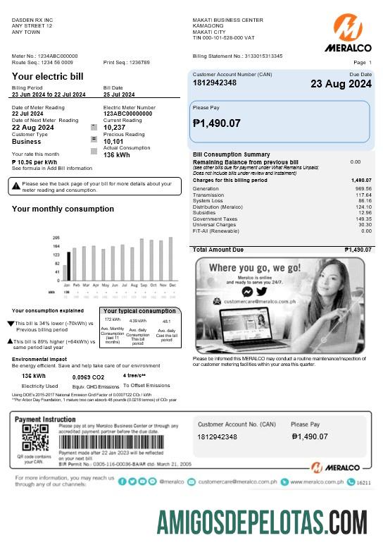Realistis Filipina Meralco bisnis Tagihan Tagihan Word and PDF templat