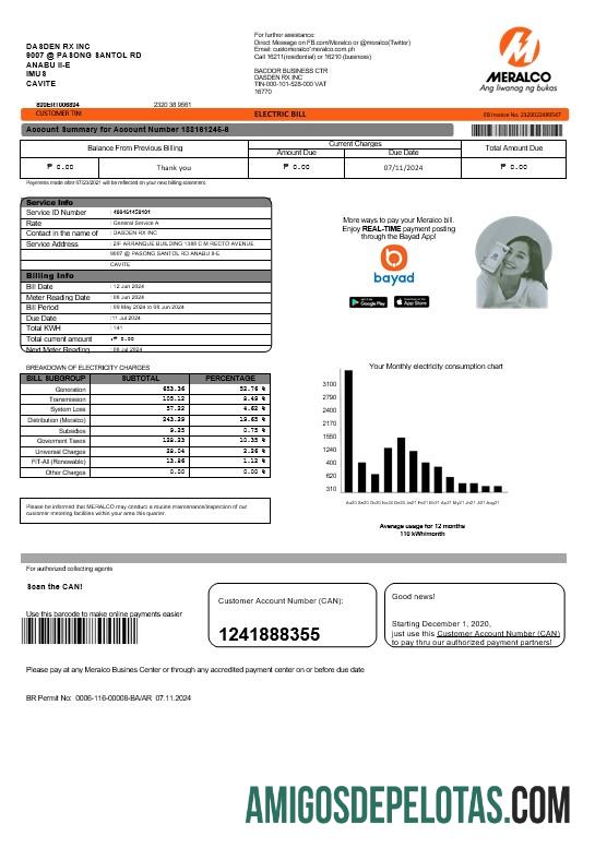 Profesional Filipina Meralco Listrik bisnis Tagihan Tagihan templat in Word and PDF format, versi 2