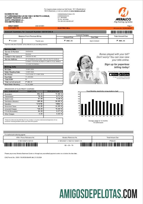 Realistis Filipina Meralco Listrik bisnis Tagihan Tagihan templat in Word and PDF format