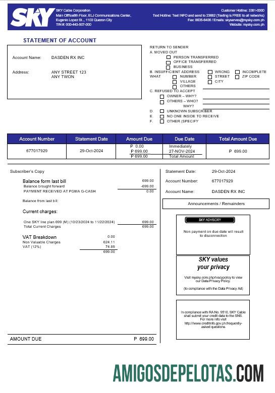 Profesional Filipina Sky Cable Corporation bisnis Tagihan Tagihan Word and PDF templat (2)