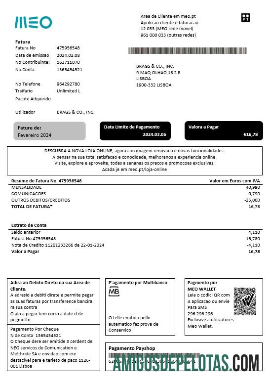 Premium Portugal MEO bisnis Tagihan Tagihan templat in Word and PDF format, fully Dapat Diedit