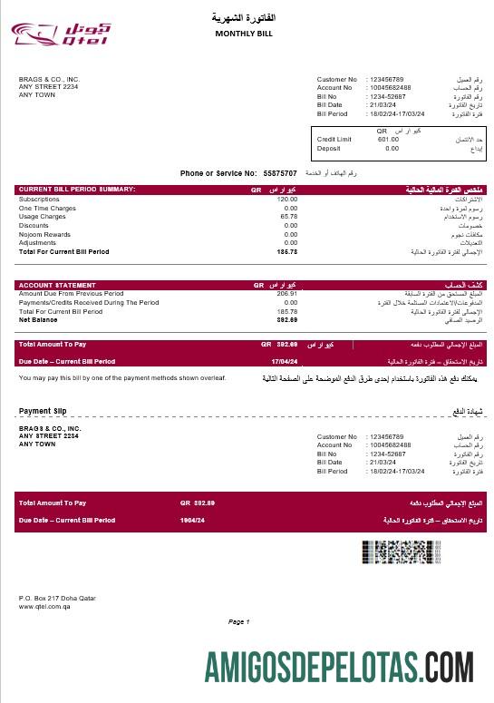 Premium Qatar QTEL bisnis Tagihan Tagihan Word and PDF templat