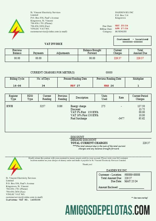 Realistis Saint Vincent and the Grenadines Saint Vincent Listrik Services Limited busienss Tagihan Tagihan Word and PDF templat