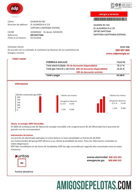 Profesional Spanyol EDP Energia bisnis Tagihan Tagihan templat in Word and PDF format