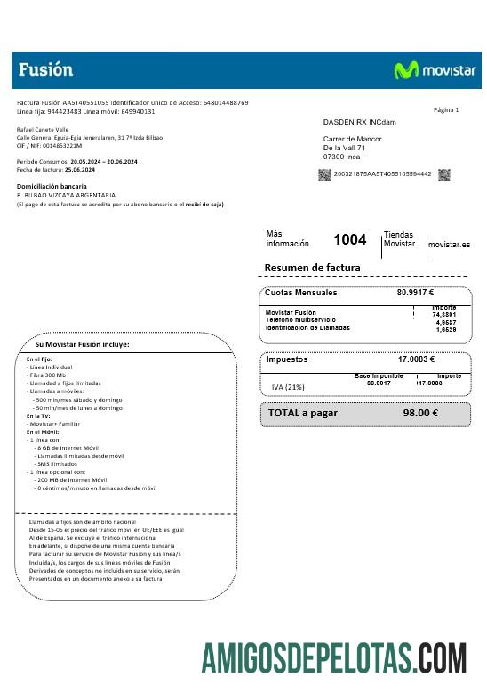 Spanyol Movistar Fusion telecom operator bisnis Tagihan Tagihan Dokumen in Word and PDF format pratinjau