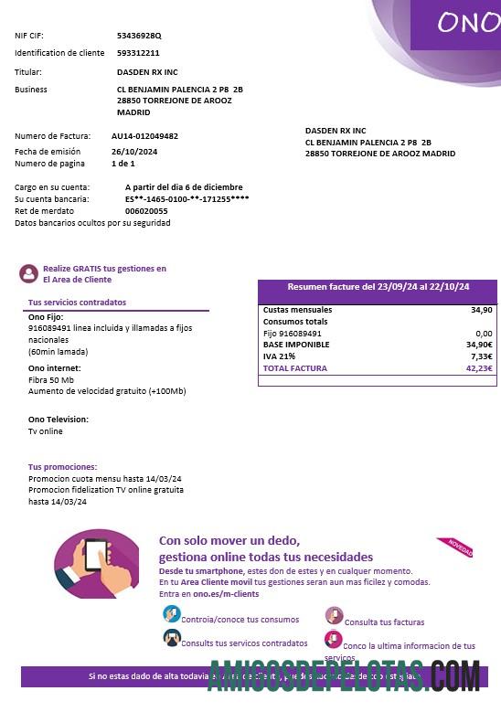 Profesional Spanyol ONO easy fillable bisnis Tagihan Tagihan templat in Word and PDF format