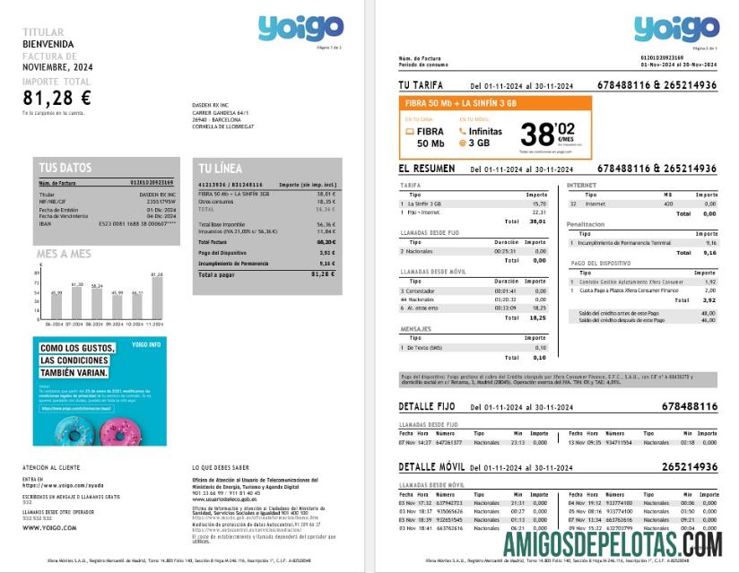Spanyol Yoigo internet bisnis Tagihan Tagihan in Word and PDF format, 3 pages desain