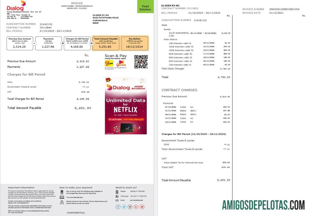 Premium Sri Lanka Dialog bisnis Tagihan Tagihan templat in Word and PDF format, 2 pages