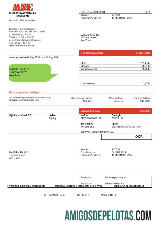 Premium Swedia Mjo╠êlby Kraftnat AB bisnis Tagihan Tagihan templat in Word and PDF format