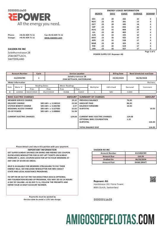 Realistis Swiss Repower AG bisnis Tagihan Tagihan templat, fully Dapat Diedit in Word and PDF format