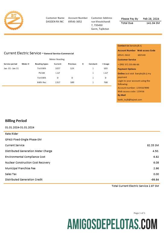 Premium Tajikistan Barqi Tojik Perusahaan Listrik bisnis Tagihan Tagihan templat in Word and PDF format
