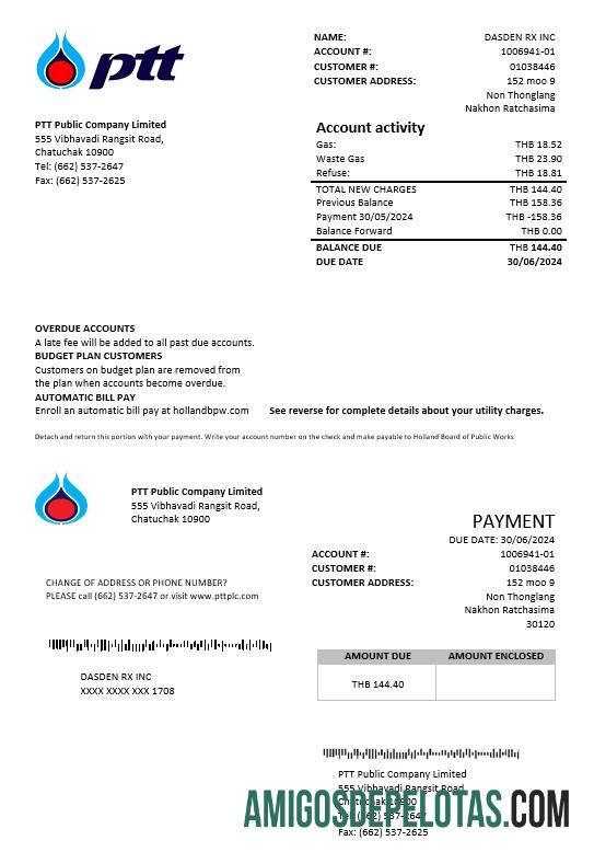 Berkualitas Thailand PTT Gas bisnis Tagihan Tagihan templat in Word and PDF format