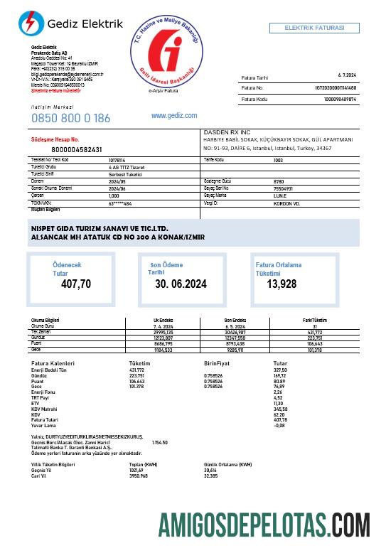 Dapat Diedit Turki Gediz Elektrik bisnis Tagihan Tagihan templat in Word and PDF format, fully Dapat Diedit