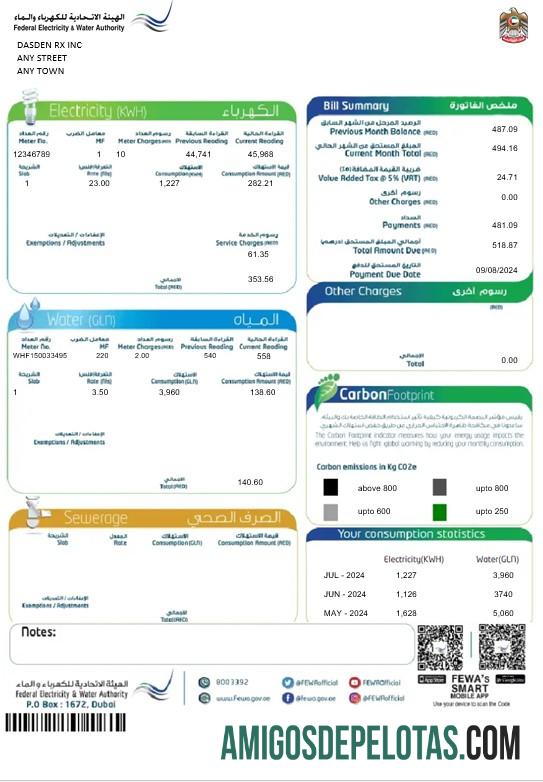 Berkualitas UEA Dubai Federal Listrik & Air Authority bisnis Tagihan Tagihan Word and PDF templat