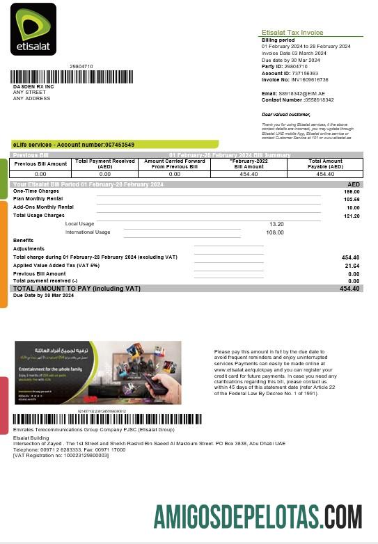 Realistis UEA Etisalat bisnis Tagihan Tagihan templat in Word and PDF format