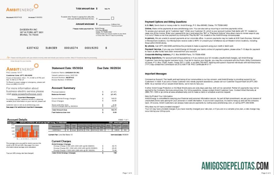 Realistis AS Ambit Energy bisnis Tagihan Tagihan Word and PDF templat 1 2