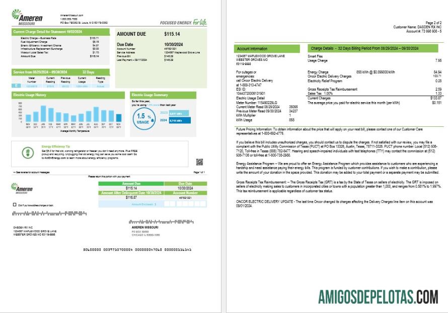 Berkualitas AS Ameren Missouri Listrik bisnis Tagihan Tagihan templat in Word and PDF format (2 pages)