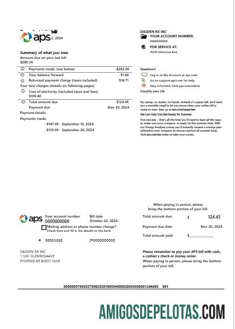 Berkualitas AS Arizona APS Listrik proof of address bisnis Tagihan Tagihan templat in Word and PDF format
