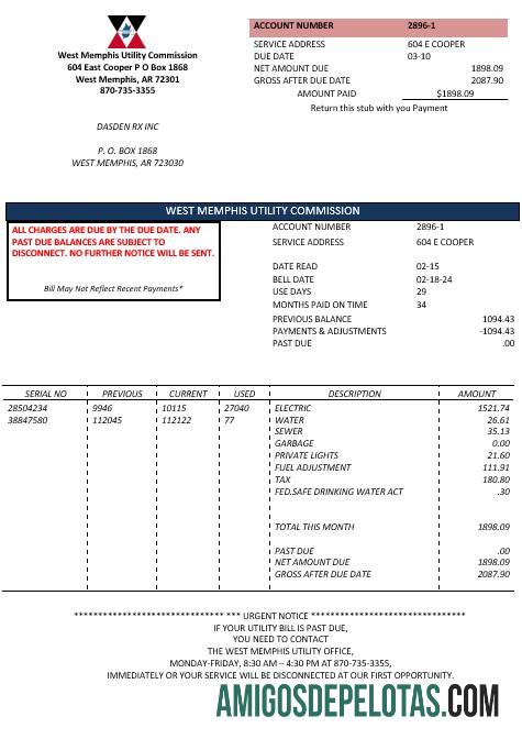 Dapat Diedit AS Arkansas West Memphis bisnis Tagihan Tagihan templat in Word and PDF format