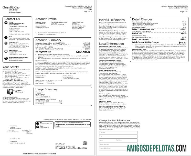Realistis AS COLUMBIA Gas OF OHIO bisnis Tagihan Tagihan Word and PDF templat
