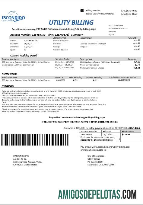 Realistis AS California Escondido City of Choice bisnis Tagihan Tagihan templat in Word and PDF format