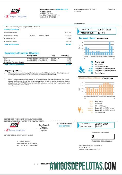 Profesional AS California San Diego Gas & Electric (SDG&E) bisnis Tagihan Tagihan templat in Word and PDF format