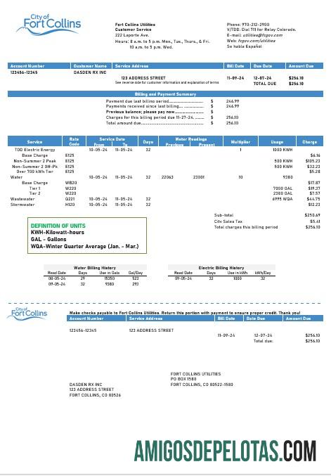 Profesional AS Colorado Fort Collins Utilities bisnis Tagihan Tagihan templat in Word and PDF format