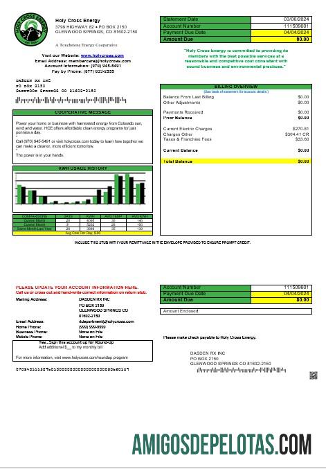 Realistis AS Colorado Holy Cross Energy bisnis Tagihan Tagihan templat in Word and PDF format