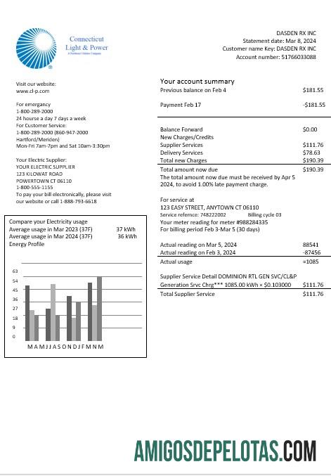 AS Connecticut Light & Power Listrik bisnis Tagihan Tagihan in Word and PDF format desain